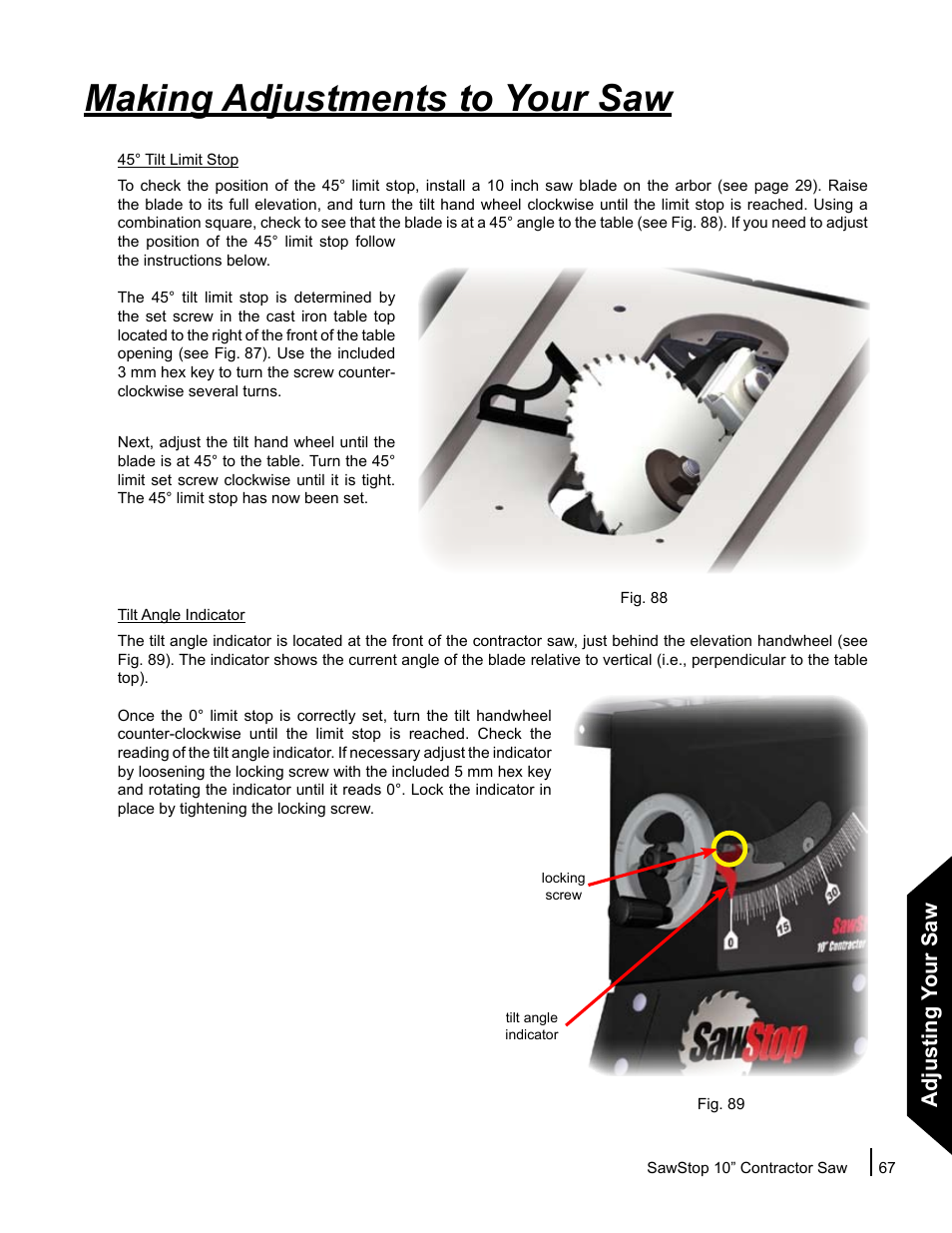 Making adjustments to your saw, Adjusting your saw | SawStop CNS175-AU User Manual | Page 69 / 112