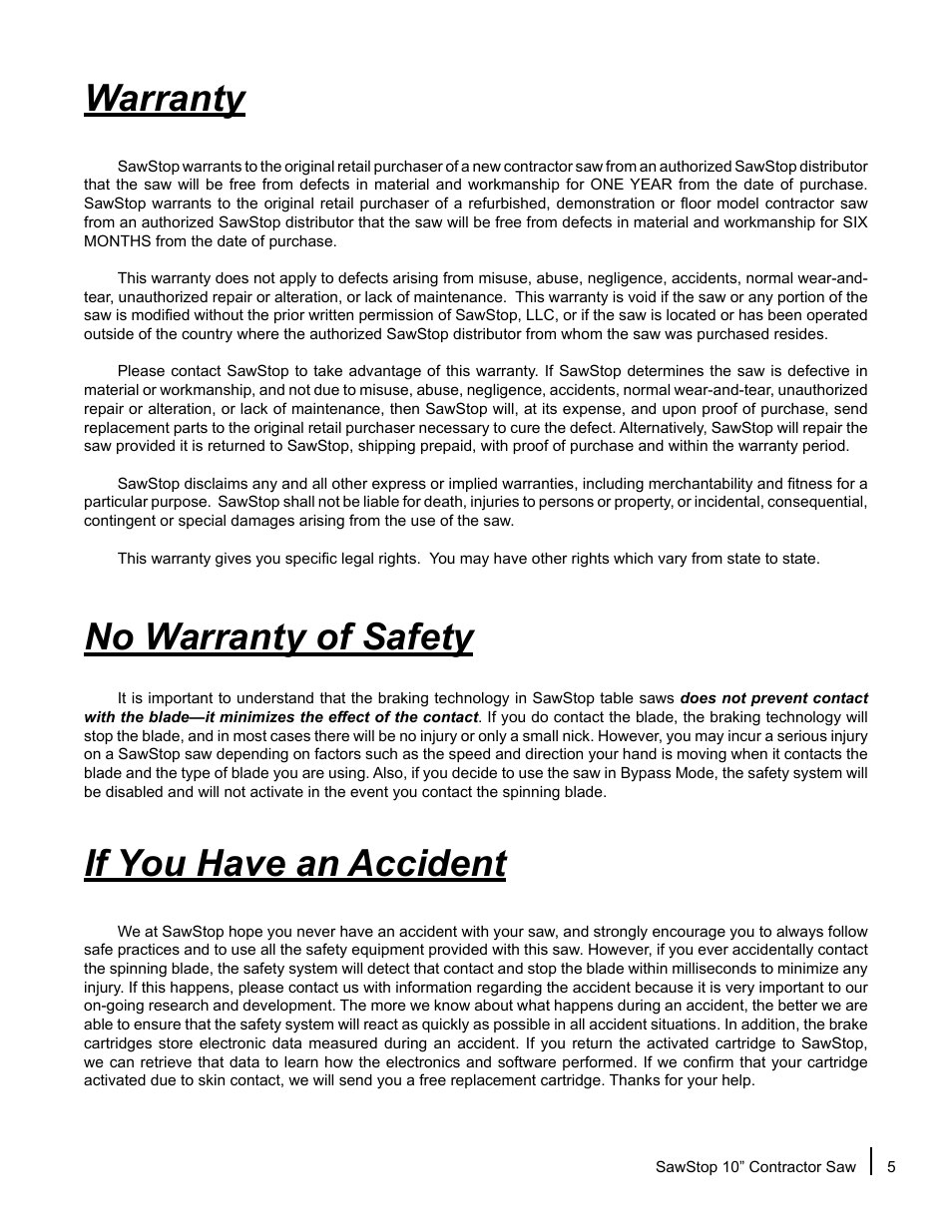 Warranty, If you have an accident, No warranty of safety | SawStop CNS175-AU User Manual | Page 7 / 112