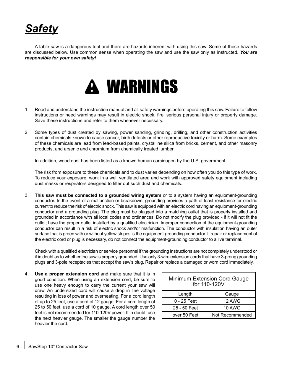 Warnings, Safety | SawStop CNS175-AU User Manual | Page 8 / 112