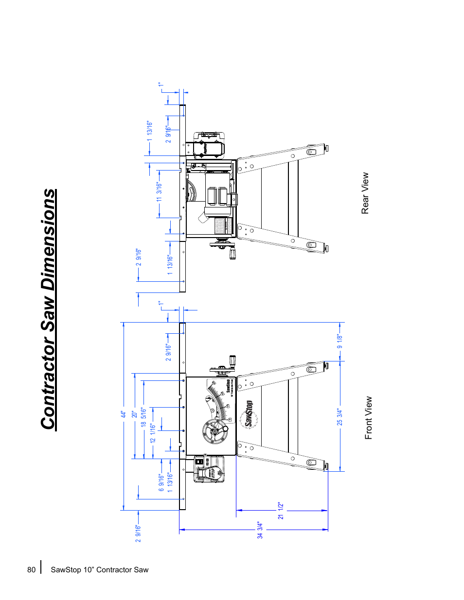 Contractor saw dimensions, Front v iew rear v iew | SawStop CNS175-AU User Manual | Page 82 / 112