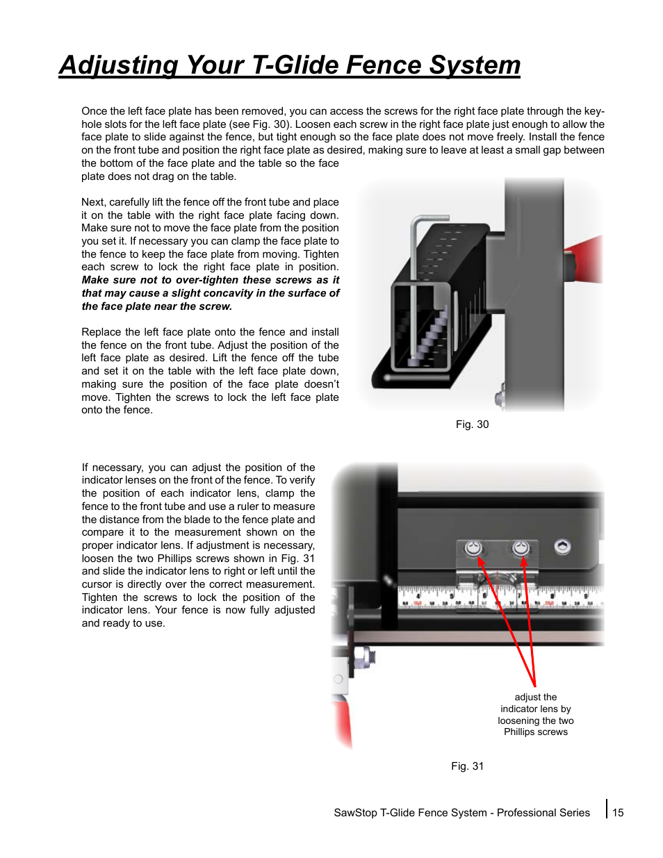 Adjusting your t-glide fence system | SawStop T-Glide Fence System User Manual | Page 17 / 24