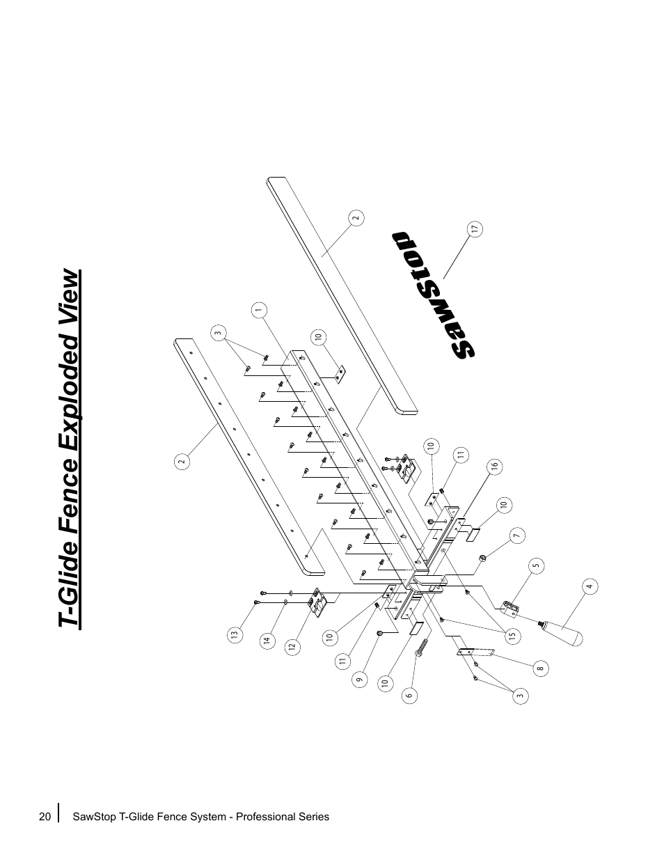 T-glide fence exploded v iew, Sa w s to p | SawStop T-Glide Fence System User Manual | Page 22 / 24