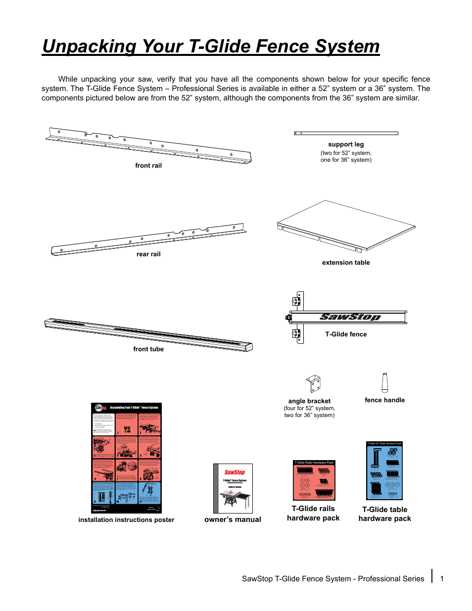 Unpacking your t-glide fence system, Sawstop | SawStop T-Glide Fence System User Manual | Page 3 / 24