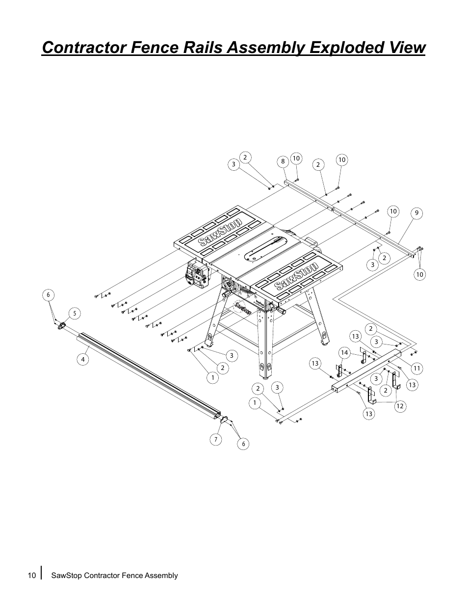 Contractor fence rails assembly exploded view | SawStop Fence Assembly User Manual | Page 12 / 16