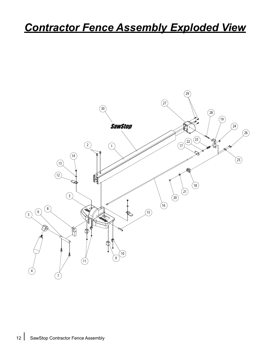 Contractor fence assembly exploded view, Sawstop | SawStop Fence Assembly User Manual | Page 14 / 16