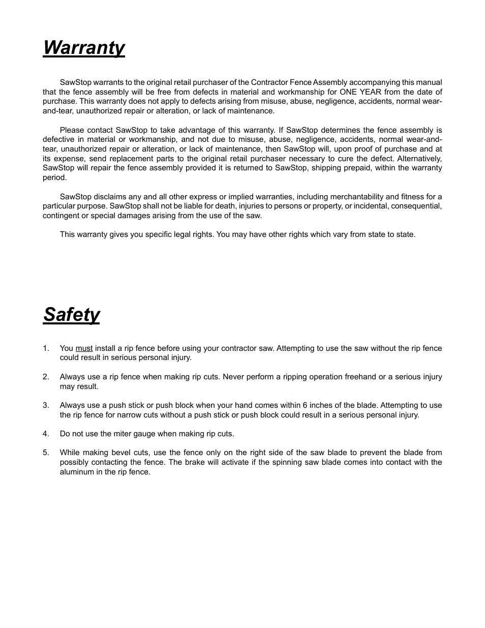 Safety warranty | SawStop Fence Assembly User Manual | Page 2 / 16