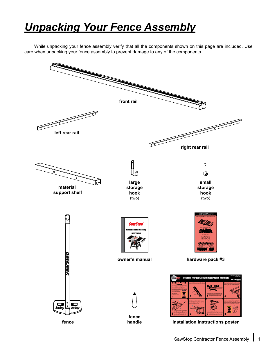 Unpacking your fence assembly | SawStop Fence Assembly User Manual | Page 3 / 16