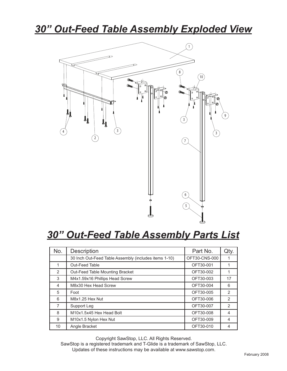 30” out-feed table assembly exploded view, 30” out-feed table assembly parts list | SawStop Out-Feed Table User Manual | Page 4 / 4