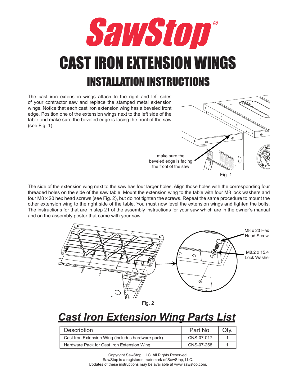 SawStop Cast Iron Wings User Manual | 1 page