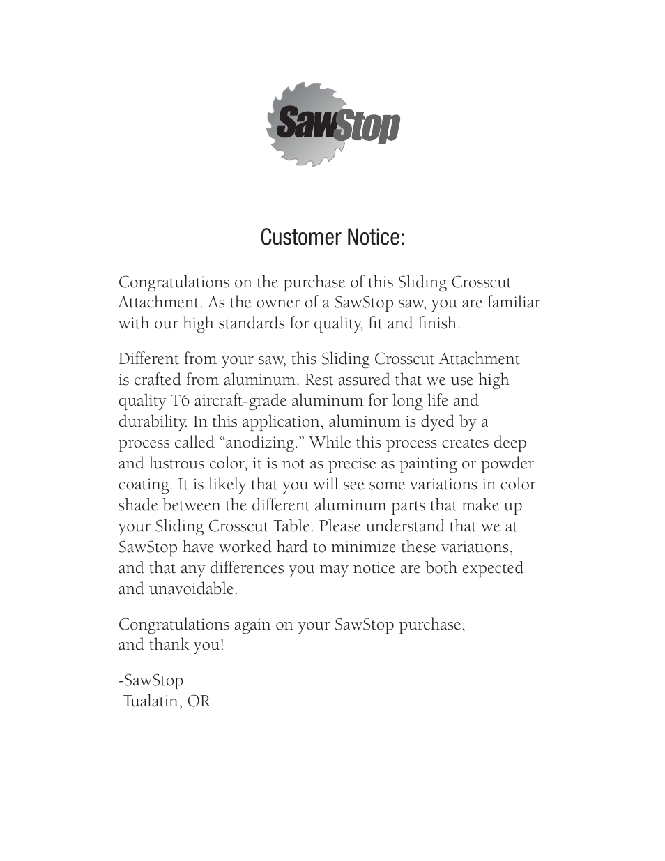 SawStop Sliding Crosscut Table User Manual | 21 pages