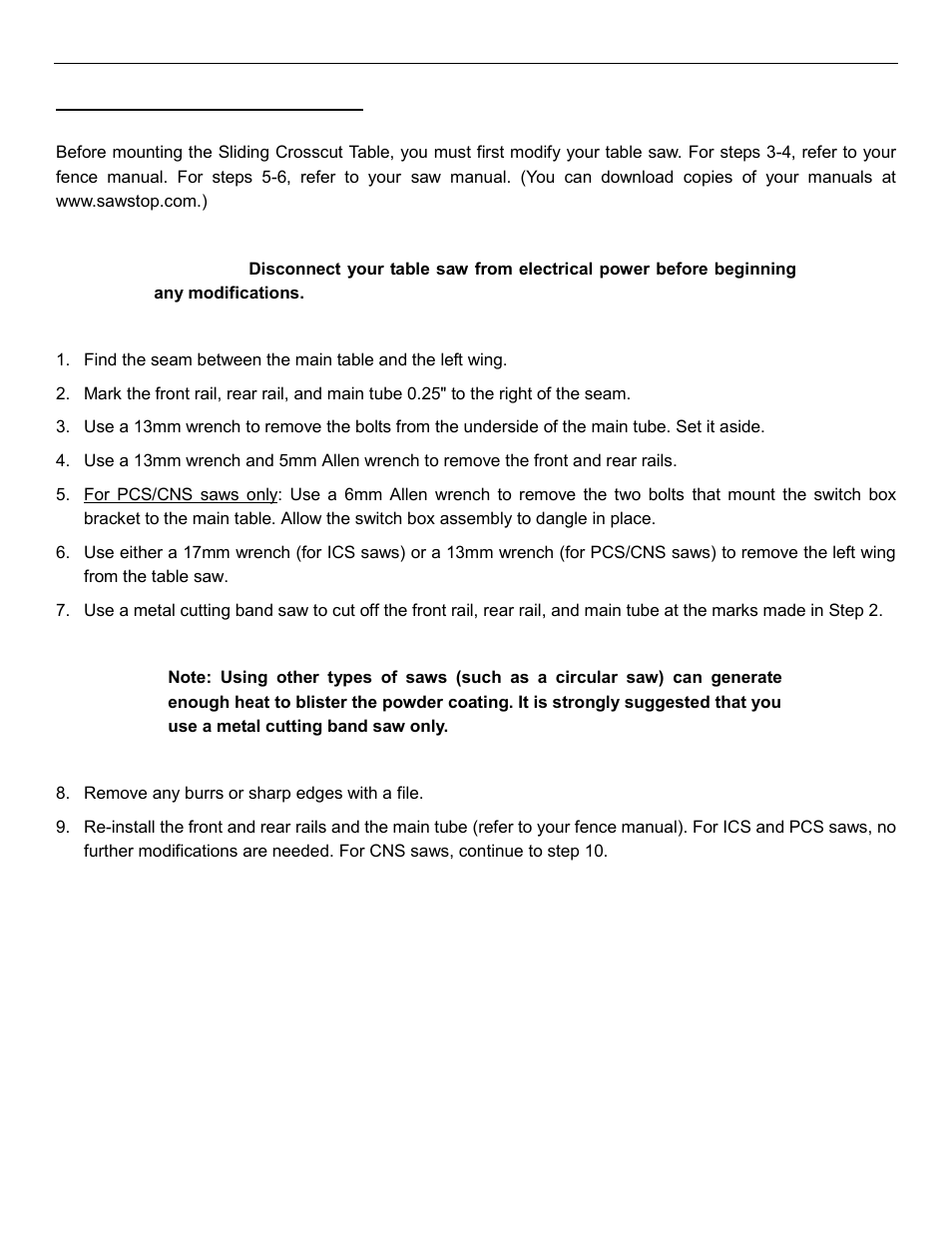 Modifying your table saw | SawStop Sliding Crosscut Table User Manual | Page 8 / 21