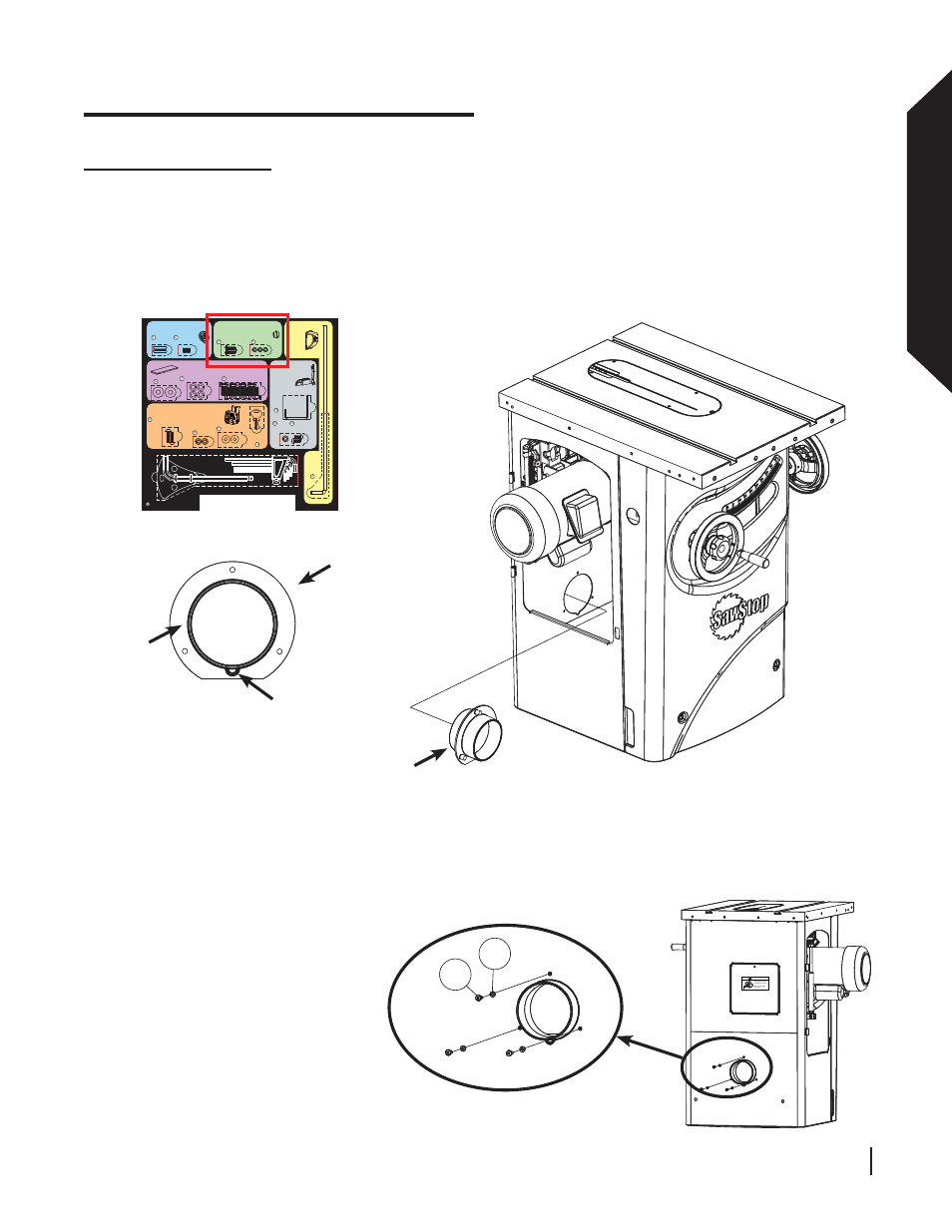 Assembling your saw, Assembling y our saw, Installing the dust port | Sawstop 10” professional cabinet saw 19, Dust port, Fl ange dust port semicircle | SawStop 3.0HP User Manual | Page 21 / 123