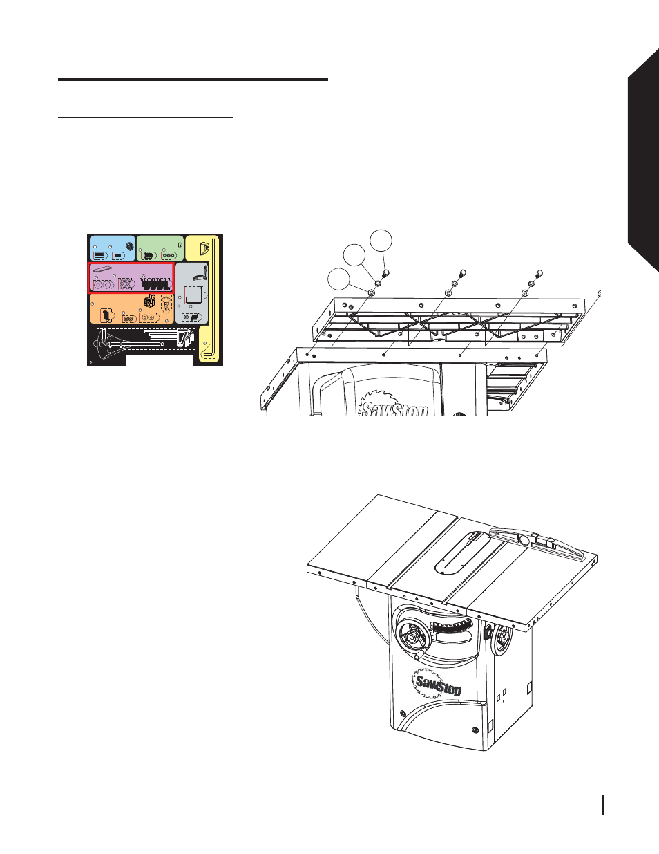 Assembling your saw, Assembling y our saw, Mounting the extension wings | Sawstop 10” professional cabinet saw 21, Fig. 26 fig. 27 | SawStop 3.0HP User Manual | Page 23 / 123