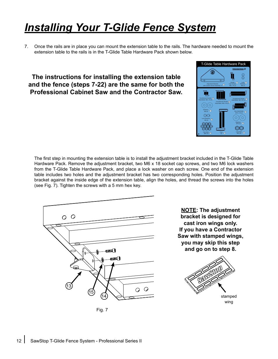 Installing your t-glide fence system, Stamped wing | SawStop T-Glide Fence System User Manual | Page 14 / 36