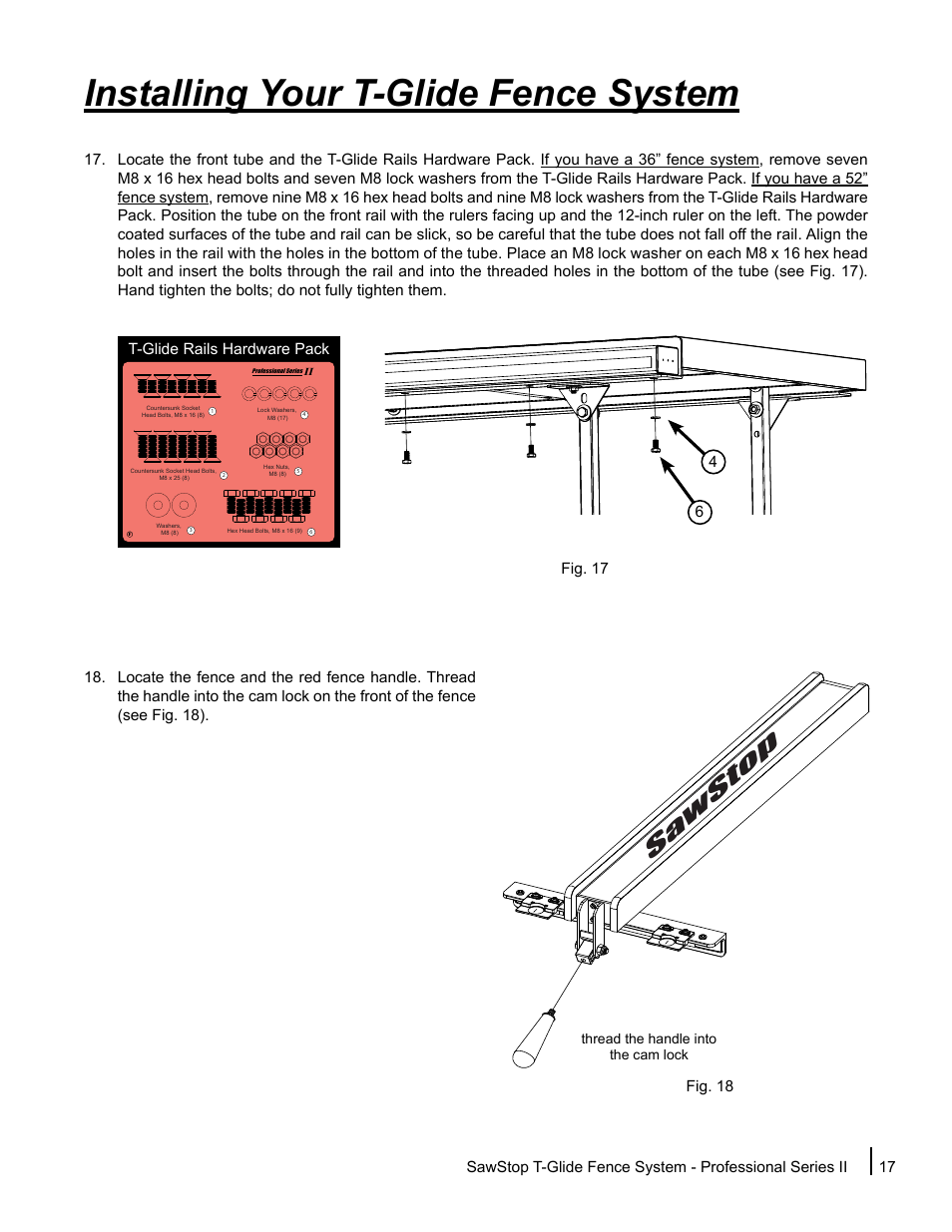 Installing your t-glide fence system, Sawstop, 46 t-glide rails hardware pack | SawStop T-Glide Fence System User Manual | Page 19 / 36