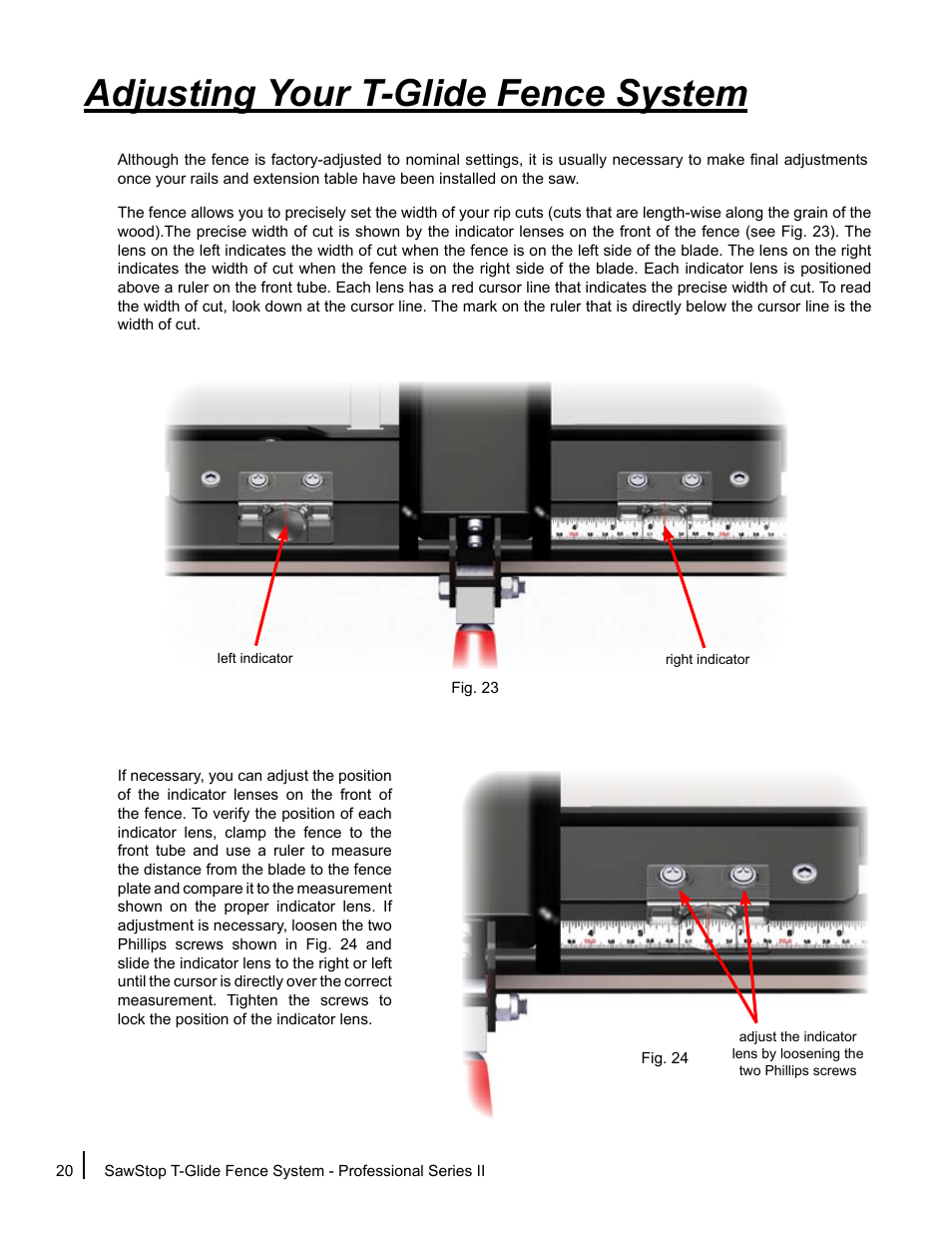 Adjusting your t-glide fence system | SawStop T-Glide Fence System User Manual | Page 22 / 36