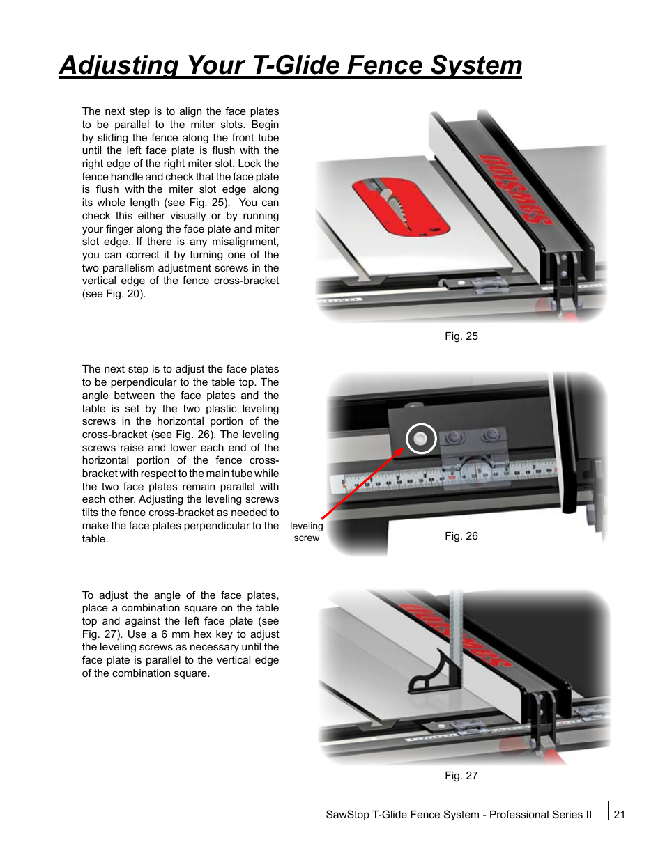 Adjusting your t-glide fence system | SawStop T-Glide Fence System User Manual | Page 23 / 36