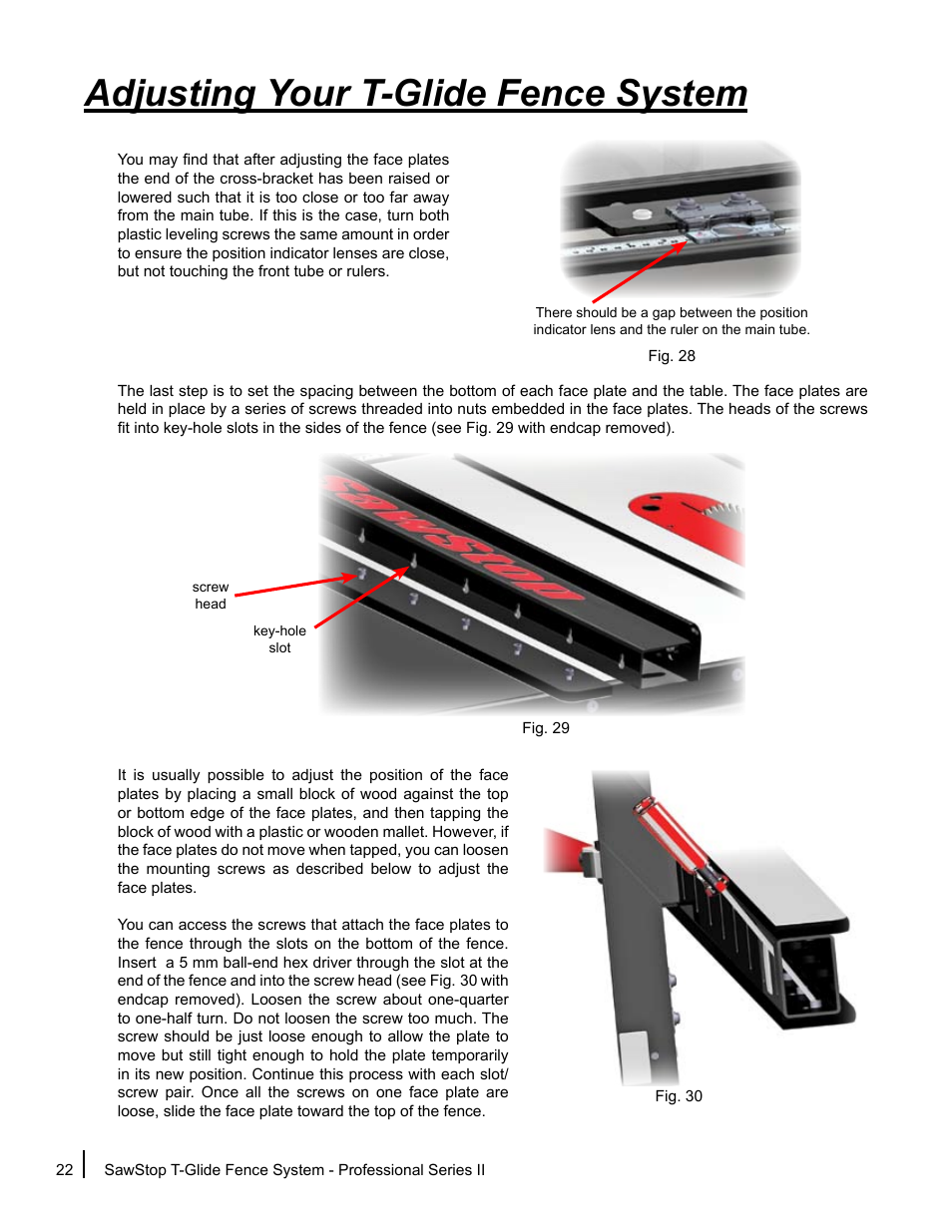 Adjusting your t-glide fence system | SawStop T-Glide Fence System User Manual | Page 24 / 36