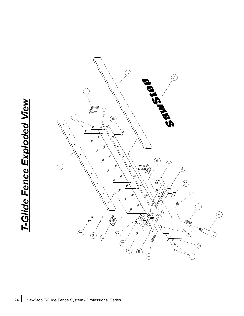 T-glide fence exploded v iew, Sa w s to p | SawStop T-Glide Fence System User Manual | Page 26 / 36