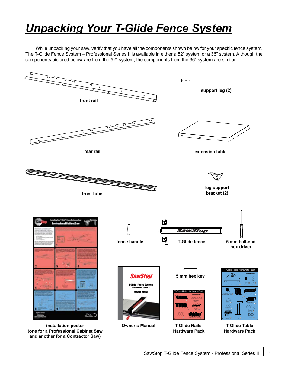 Unpacking your t-glide fence system, Sawstop, 5 mm hex key 5 mm ball-end hex driver | SawStop T-Glide Fence System User Manual | Page 3 / 36