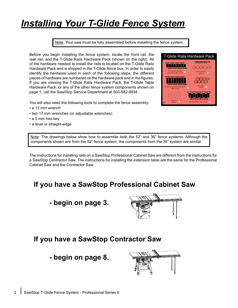 Installing your t-glide fence system | SawStop T-Glide Fence System User Manual | Page 4 / 36