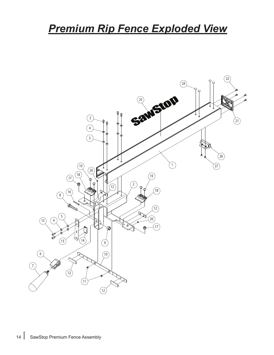 Premium rip fence exploded view, Sa ws top | SawStop Premium Fence Assembly User Manual | Page 16 / 20