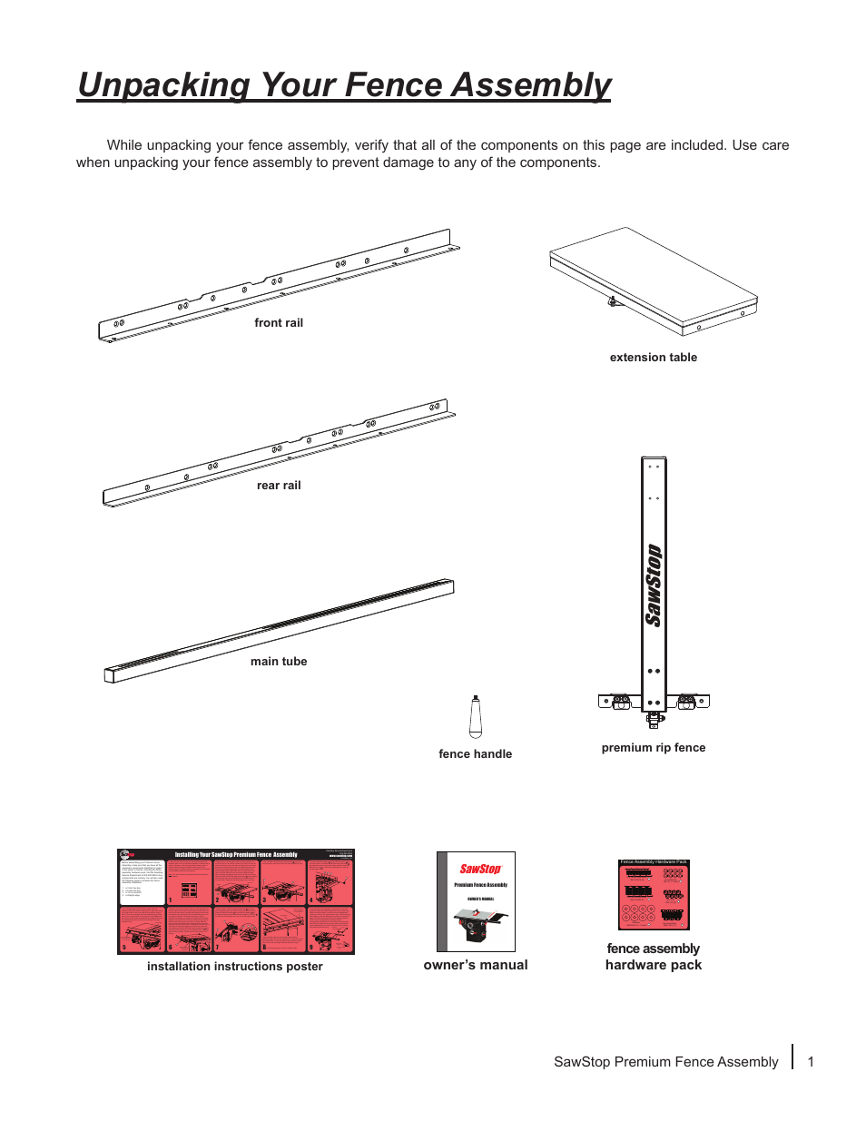 Unpacking your fence assembly, Sawstop, Owner’s manual | Fence assembly hardware pack, Sawstop premium fence assembly 1, Sawstop, llc | SawStop Premium Fence Assembly User Manual | Page 3 / 20