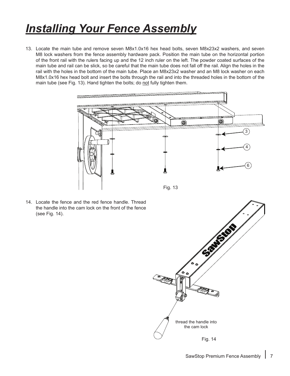 Installing your fence assembly, Sa ws to p | SawStop Premium Fence Assembly User Manual | Page 9 / 20