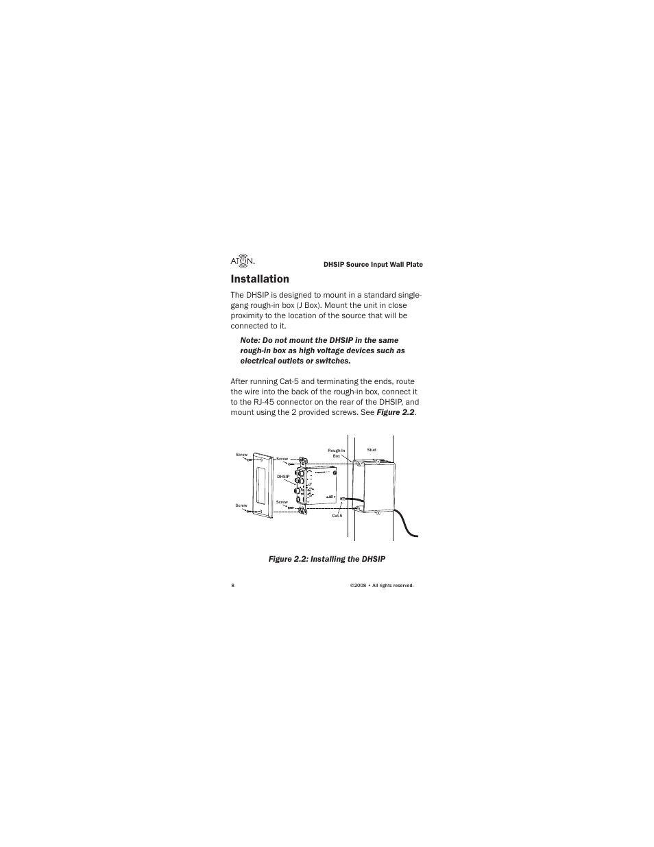 Installation, Figure 2.2: installing the dhsip | ATON Source Input Wall PlateWallplate DHSIP User Manual | Page 10 / 48