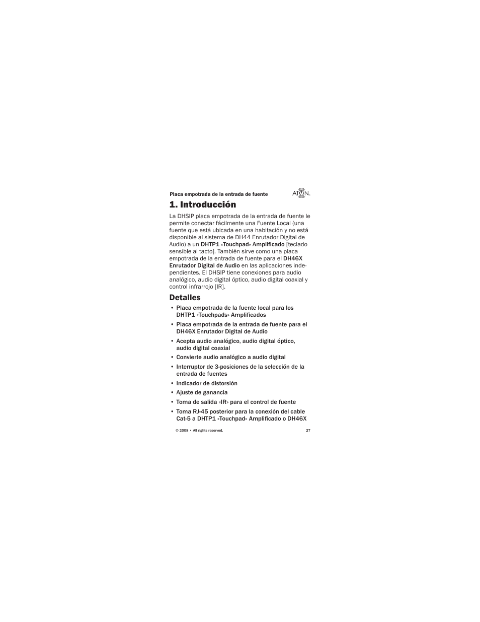 Introducción, Detalles | ATON Source Input Wall PlateWallplate DHSIP User Manual | Page 29 / 48