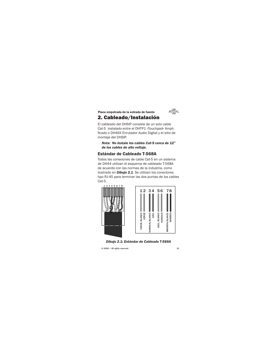 Cableado/instalación, Estándar de cableado t-568a | ATON Source Input Wall PlateWallplate DHSIP User Manual | Page 33 / 48