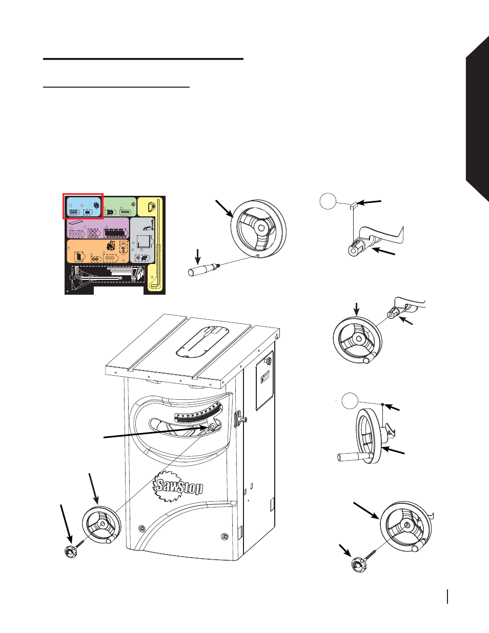 Assembling your saw, Assembling y our saw, Installing the elevation handwheel | Sawstop 10” professional cabinet saw 19, Fig. 9, Fig. 8, Fig. 10, Fig. 11, Fig. 7, Fig. 12 | SawStop 1.75HP User Manual | Page 21 / 123