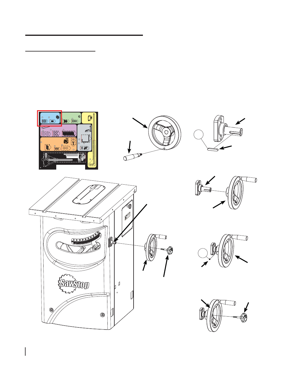 Assembling your saw, Installing the tilt handwheel, 20 sawstop 10” professional cabinet saw | Fig. 13 fig. 15, Fig. 14, Tilt control shaft handwheel, Set screw handwheel, Handwheel tilt lock knob | SawStop 1.75HP User Manual | Page 22 / 123