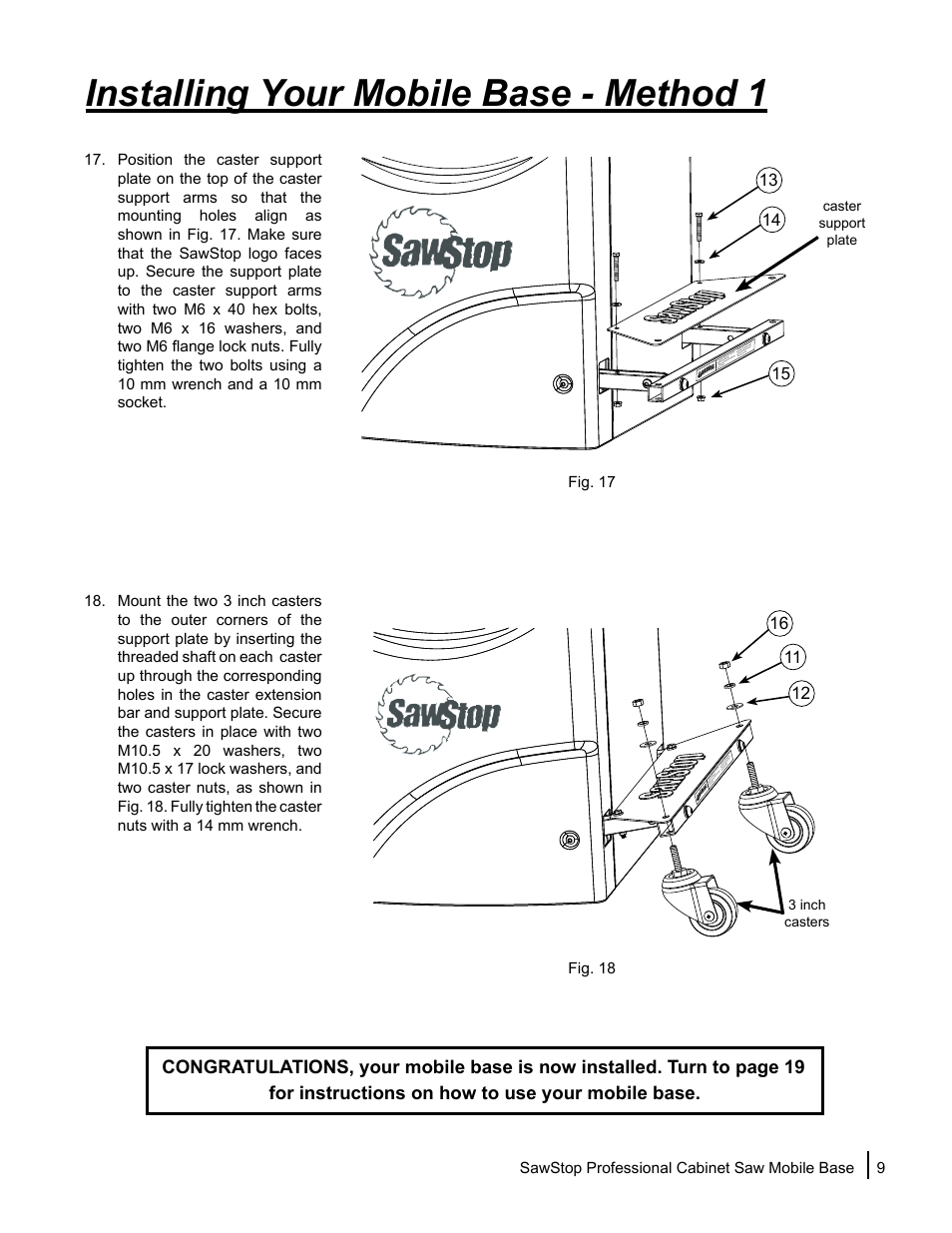 Installing your mobile base - method 1 | SawStop Mobile Base User Manual | Page 11 / 24