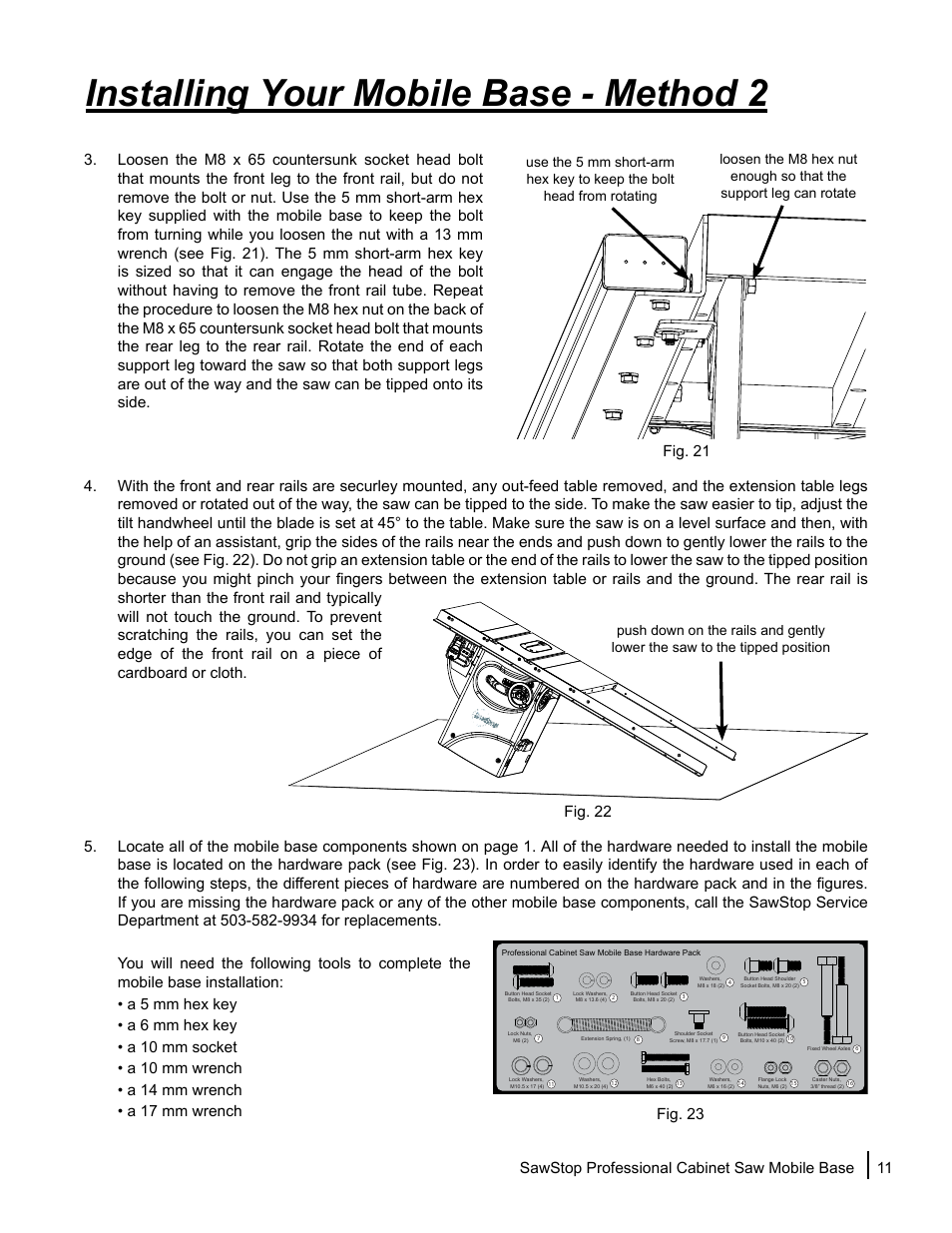 Installing your mobile base - method 2, 11 sawstop professional cabinet saw mobile base, Fig. 1 | SawStop Mobile Base User Manual | Page 13 / 24