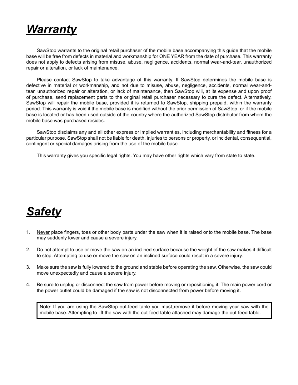 Safety, Warranty | SawStop Mobile Base User Manual | Page 2 / 24