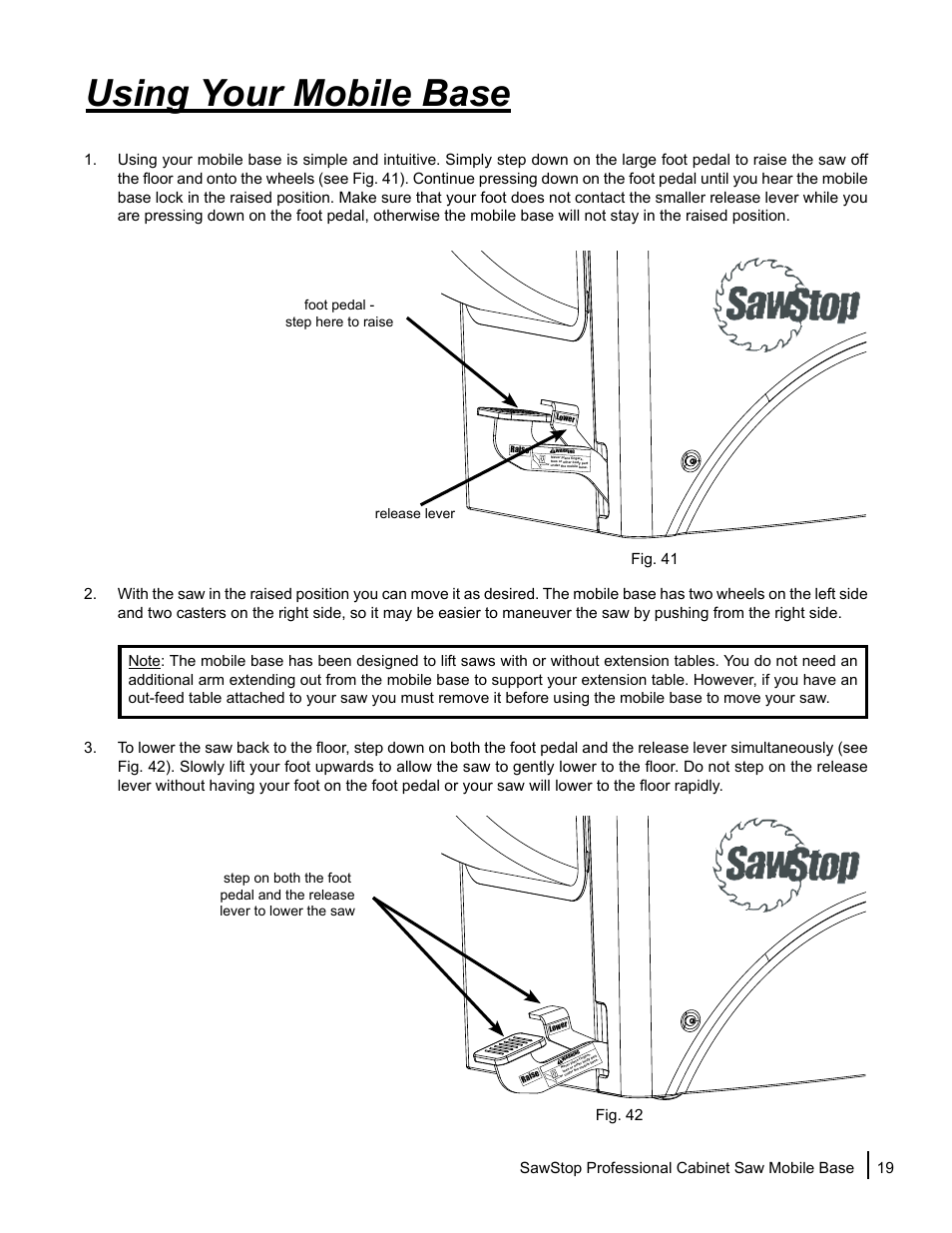 Using your mobile base, 19 sawstop professional cabinet saw mobile base | SawStop Mobile Base User Manual | Page 21 / 24