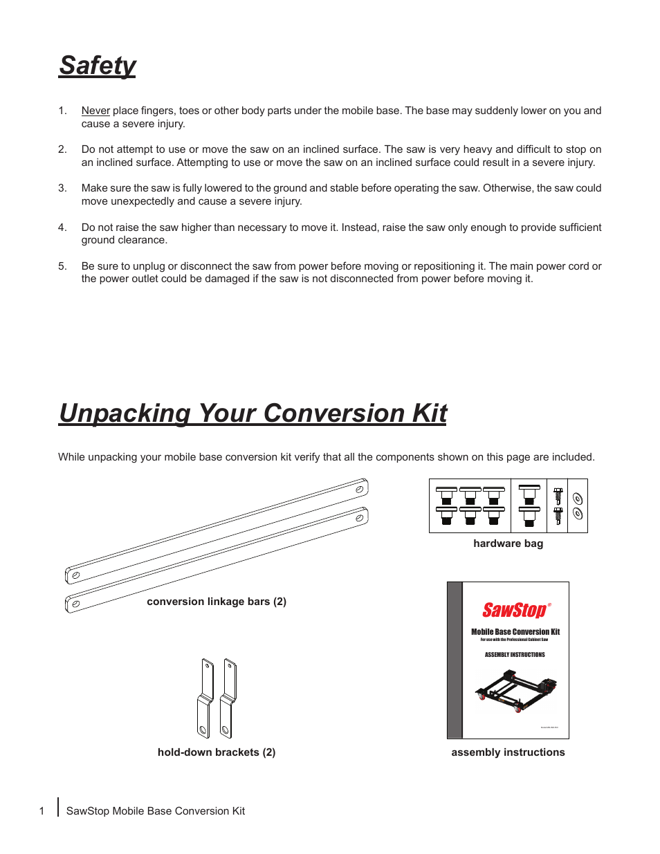 Safety, Unpacking your conversion kit, Sawstop | SawStop Mobile Base Conversion Kit User Manual | Page 2 / 8