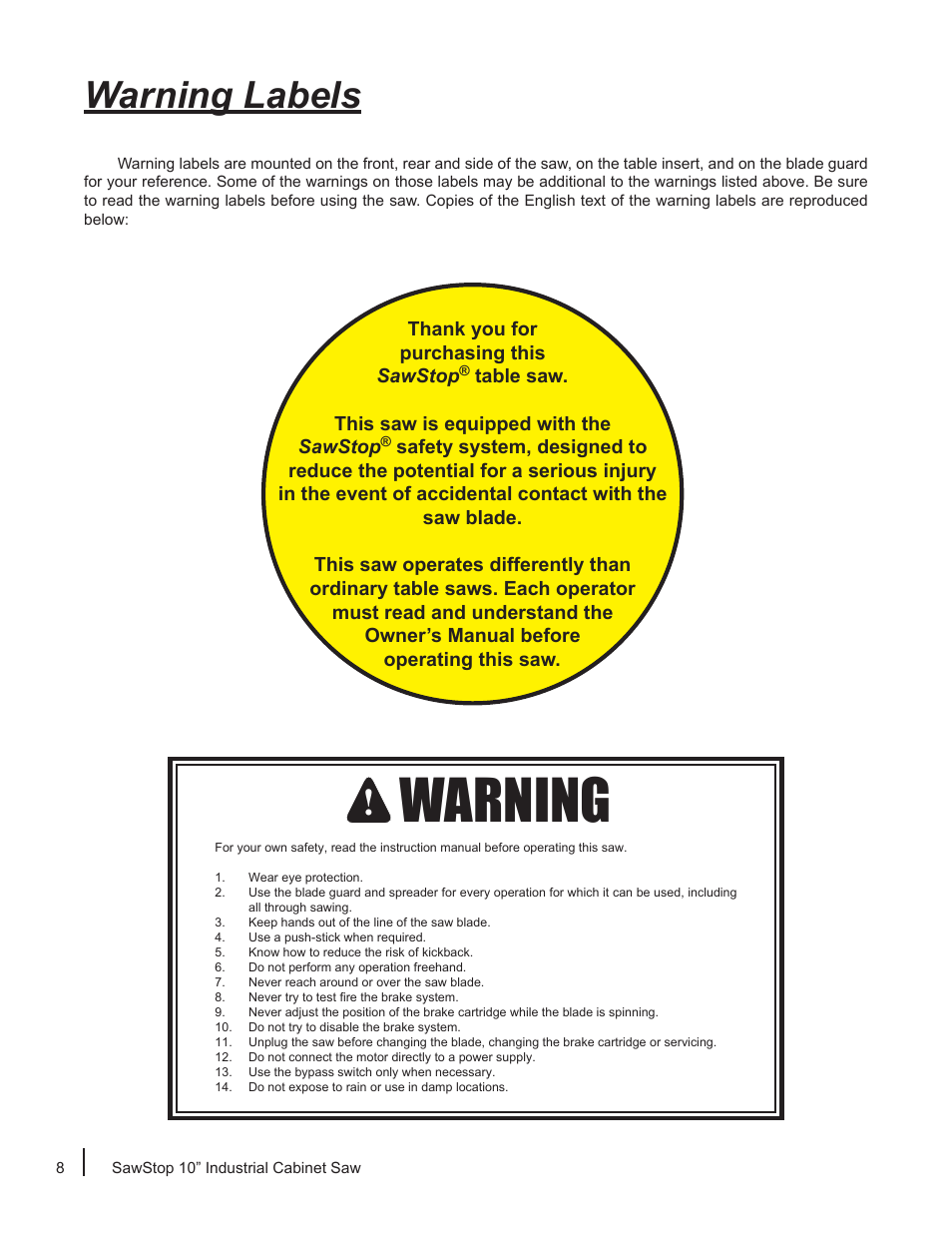 Warning, Warning labels | SawStop ICS73600 User Manual | Page 10 / 110