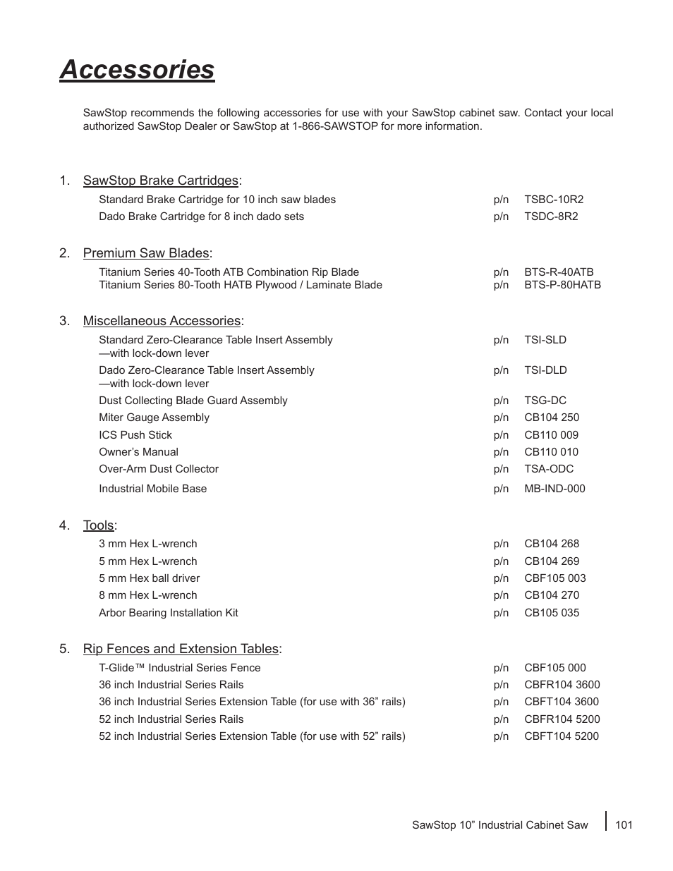 Accessories | SawStop ICS73600 User Manual | Page 103 / 110