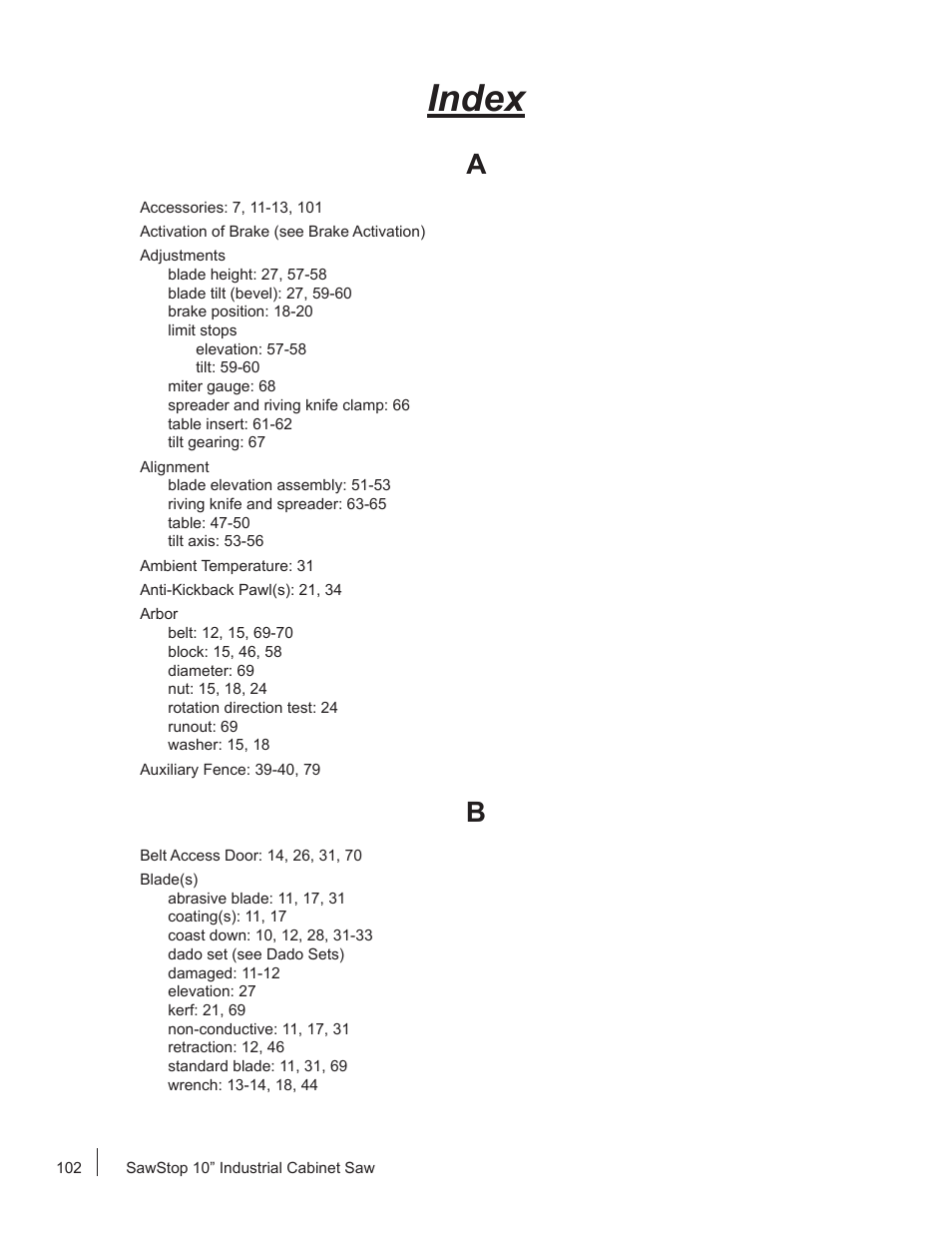 Index | SawStop ICS73600 User Manual | Page 104 / 110