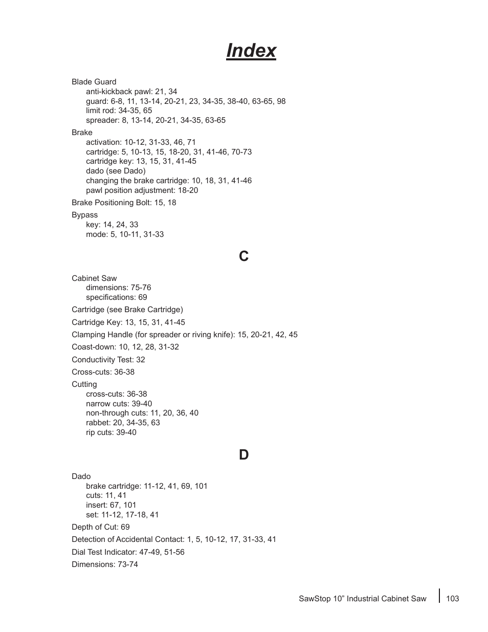 Index | SawStop ICS73600 User Manual | Page 105 / 110