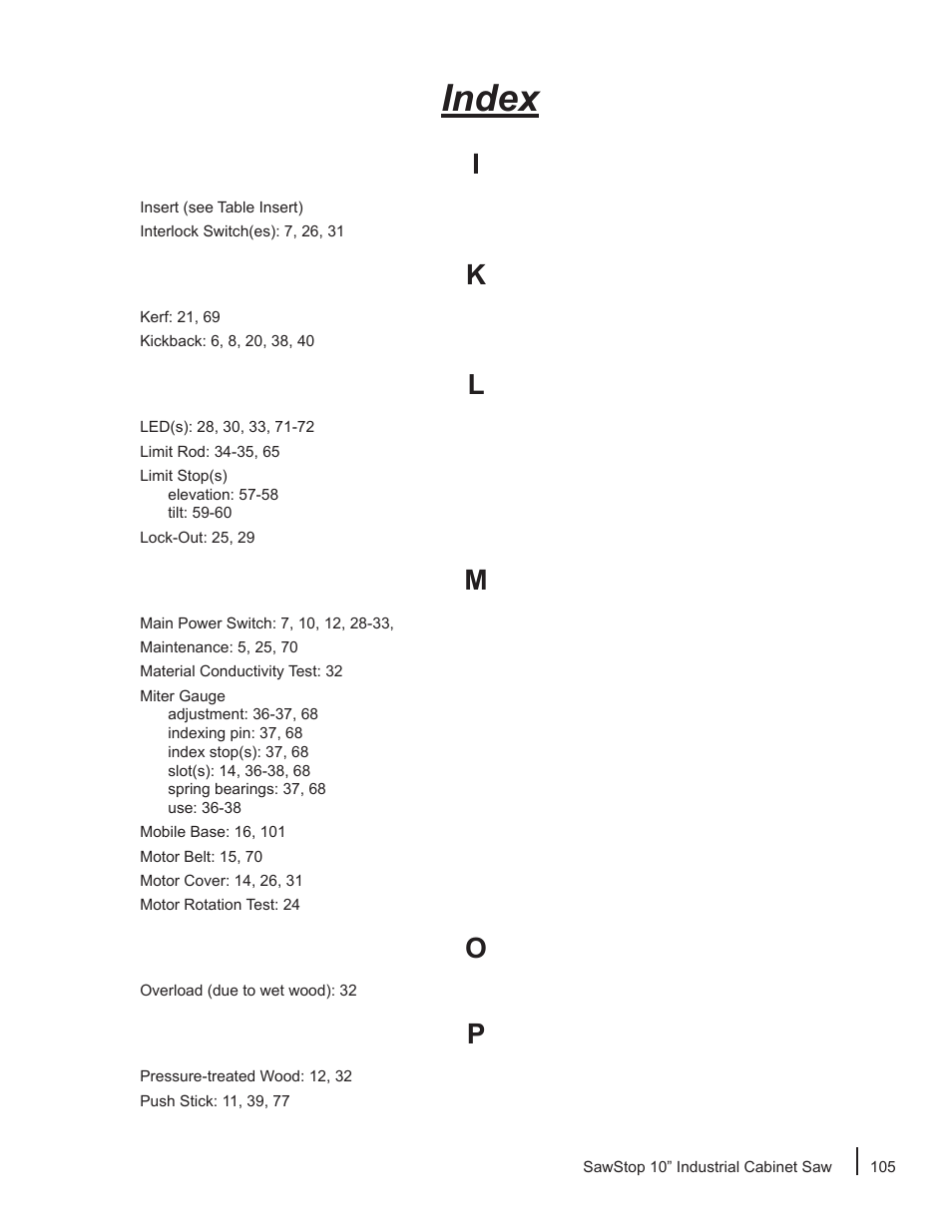 Index | SawStop ICS73600 User Manual | Page 107 / 110