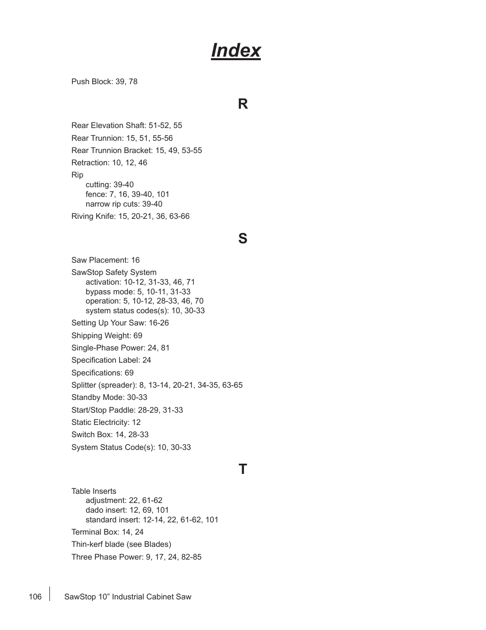 Index | SawStop ICS73600 User Manual | Page 108 / 110