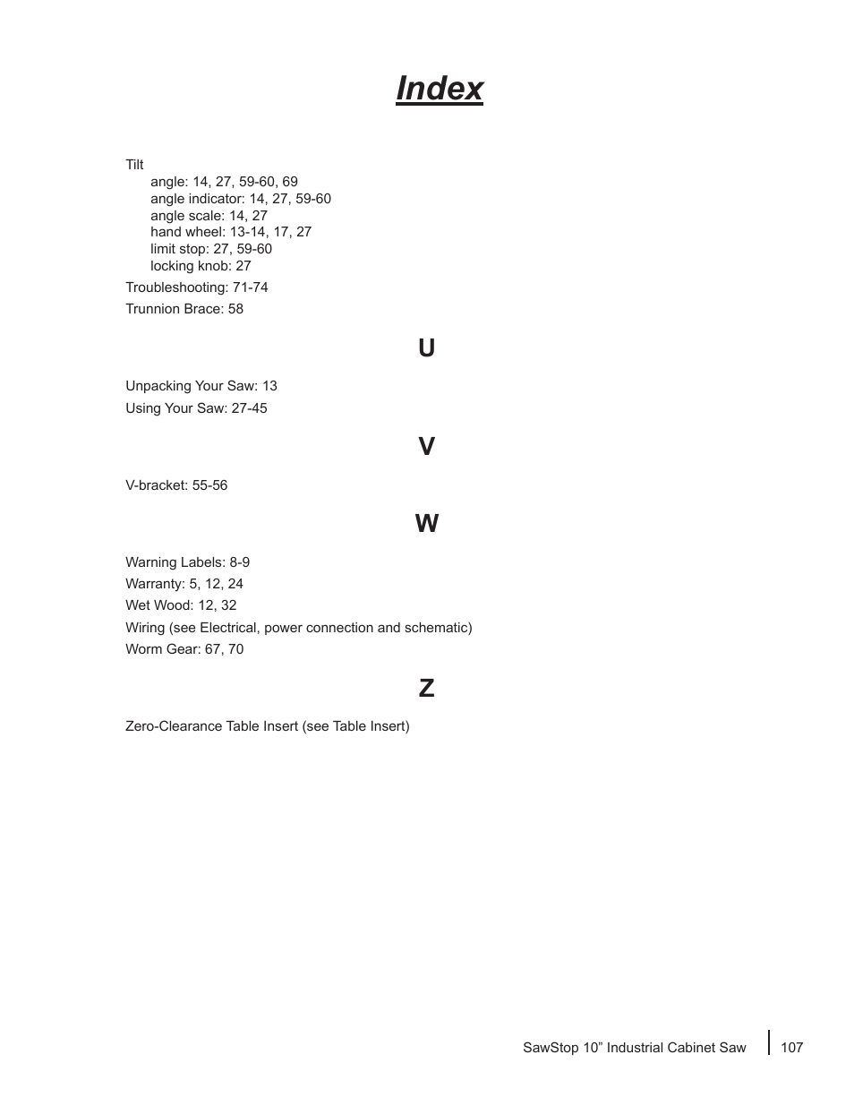 Index | SawStop ICS73600 User Manual | Page 109 / 110