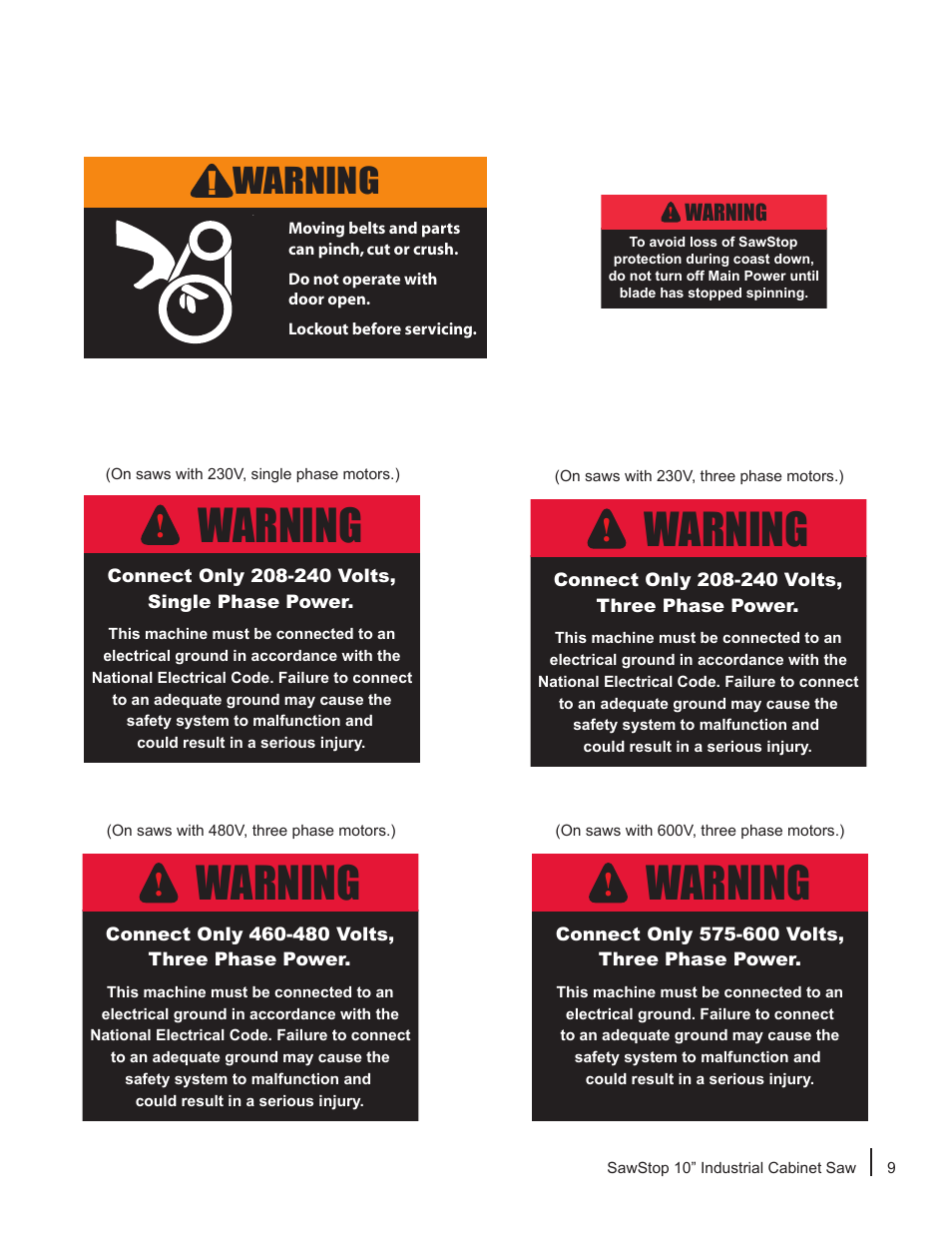 Warning | SawStop ICS73600 User Manual | Page 11 / 110