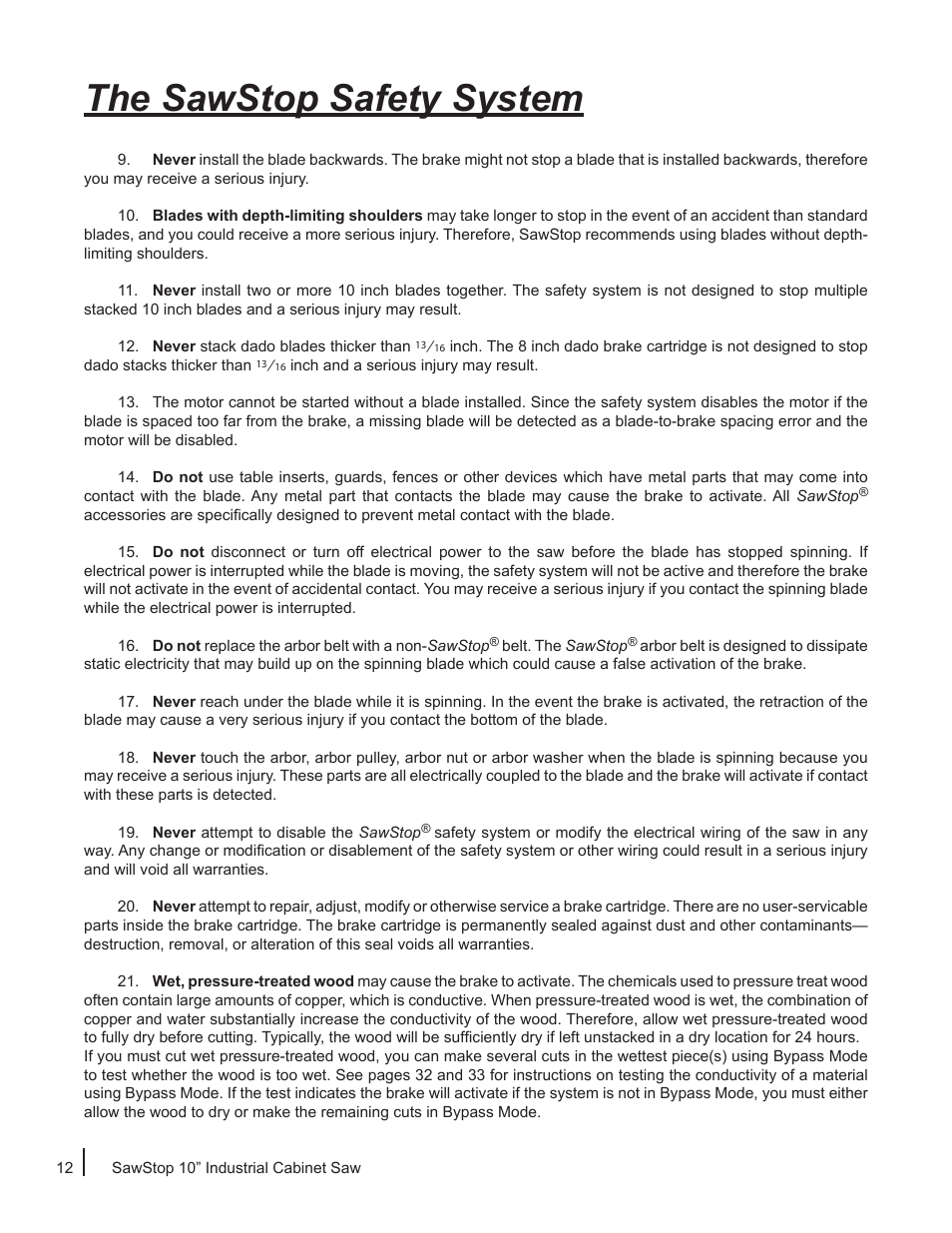 The sawstop safety system | SawStop ICS73600 User Manual | Page 14 / 110