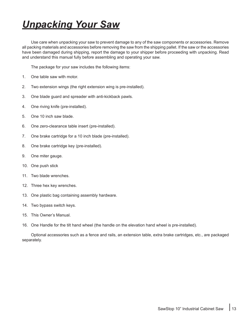 Unpacking your saw | SawStop ICS73600 User Manual | Page 15 / 110