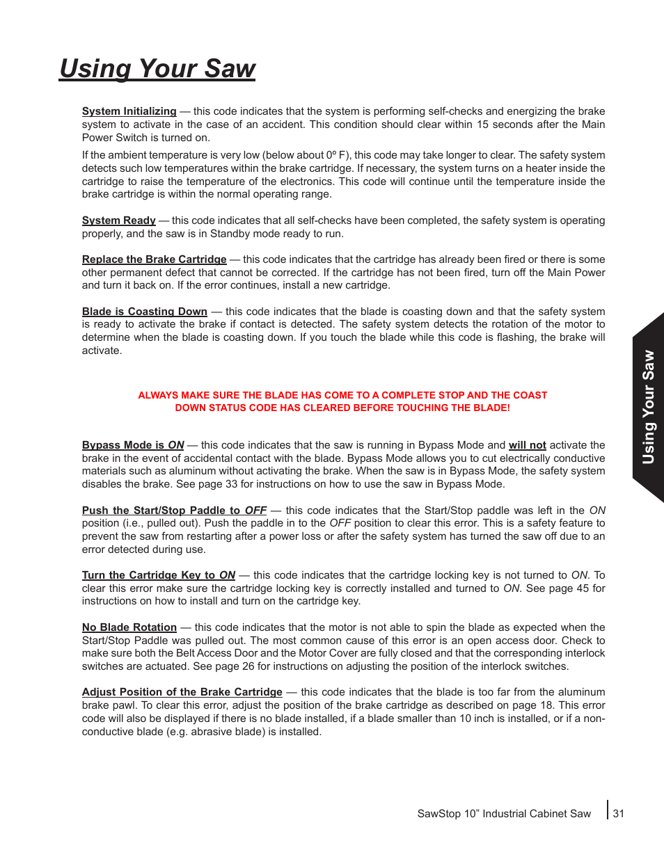 Using your saw | SawStop ICS73600 User Manual | Page 33 / 110