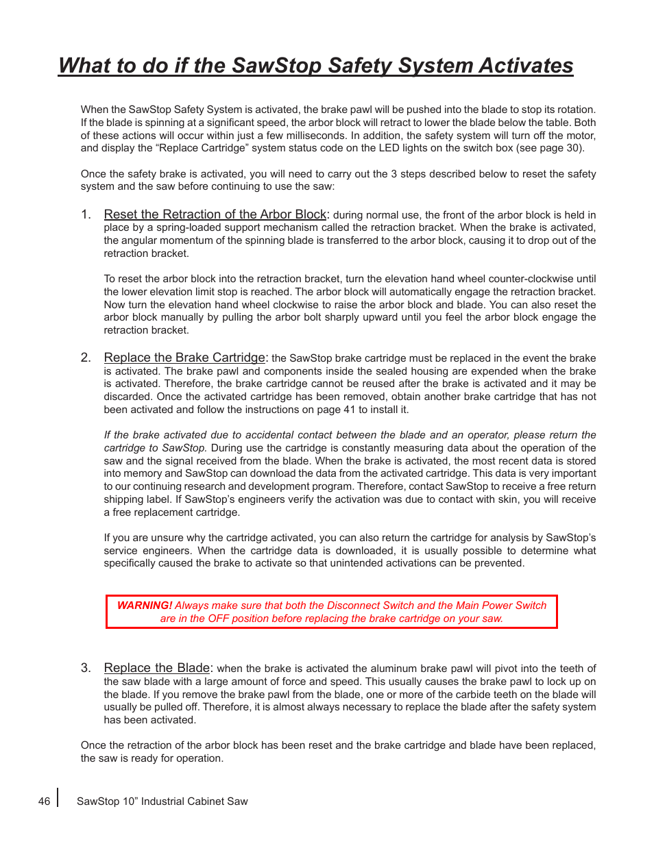 What to do if the sawstop safety system activates | SawStop ICS73600 User Manual | Page 48 / 110